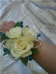 ivory rose/teal beads wrist corsage